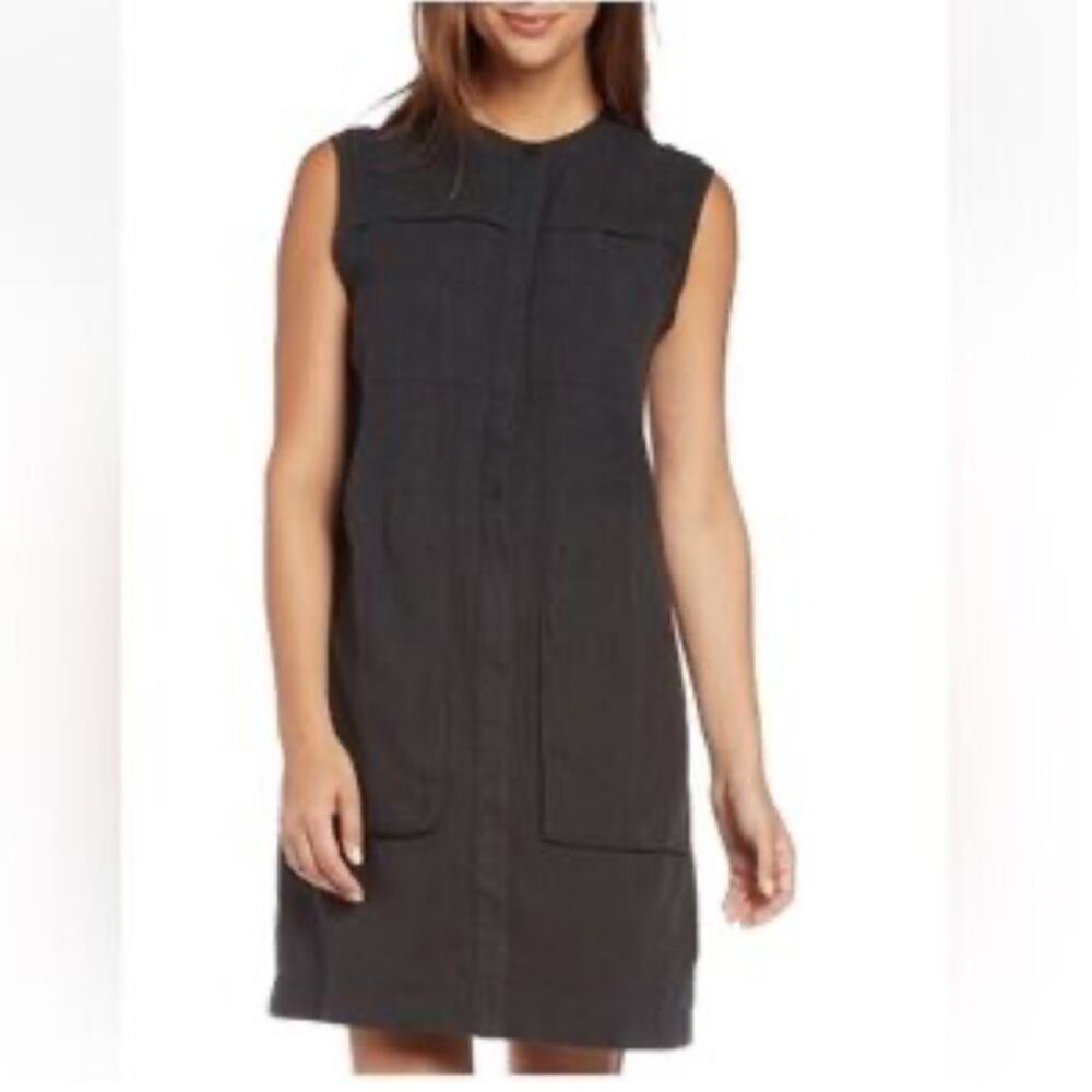 Nau Black Sleeveless Linen Blend Shift Dress with Pockets